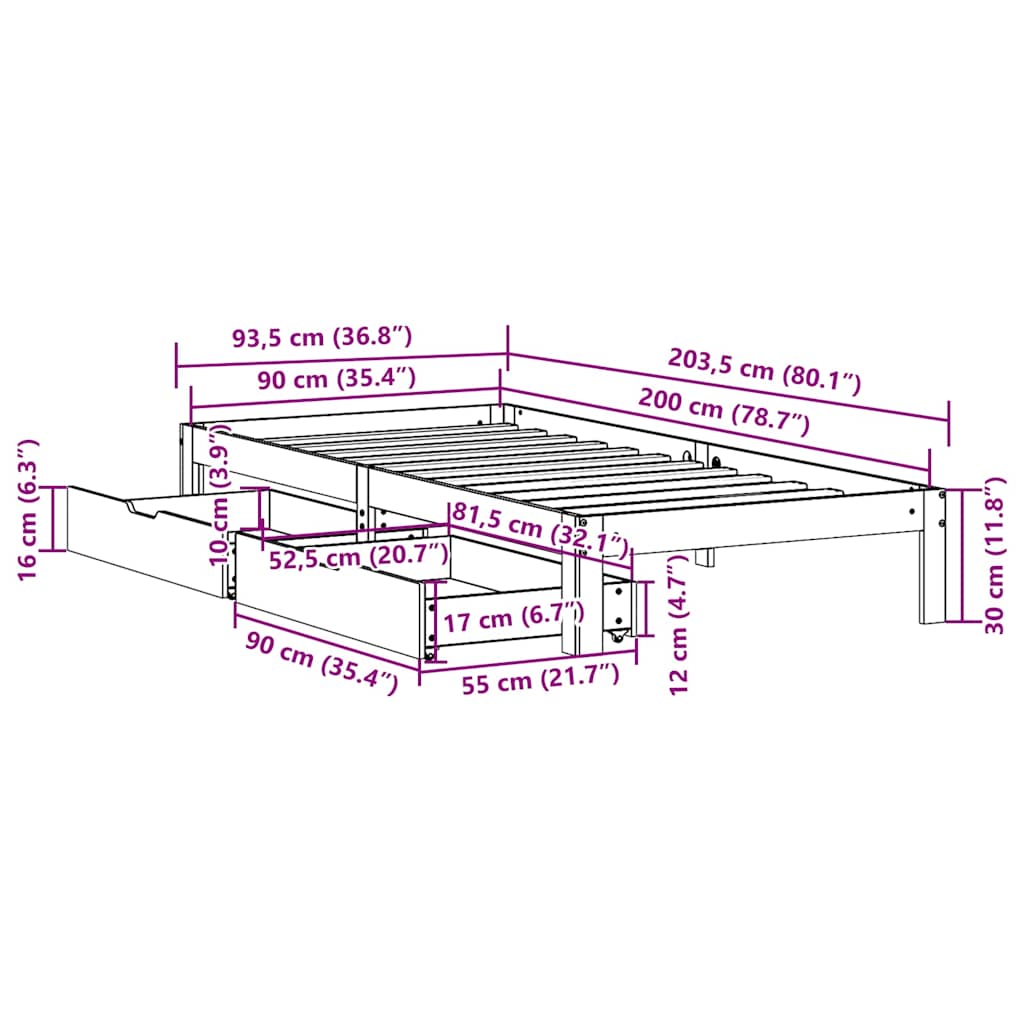 Bed Frame with Drawers without Mattress 90x200 cm