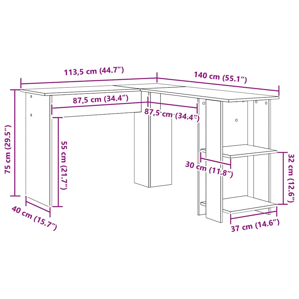 Corner Desk with Storage with Shelf White 140 x 113.5 x 75 cm