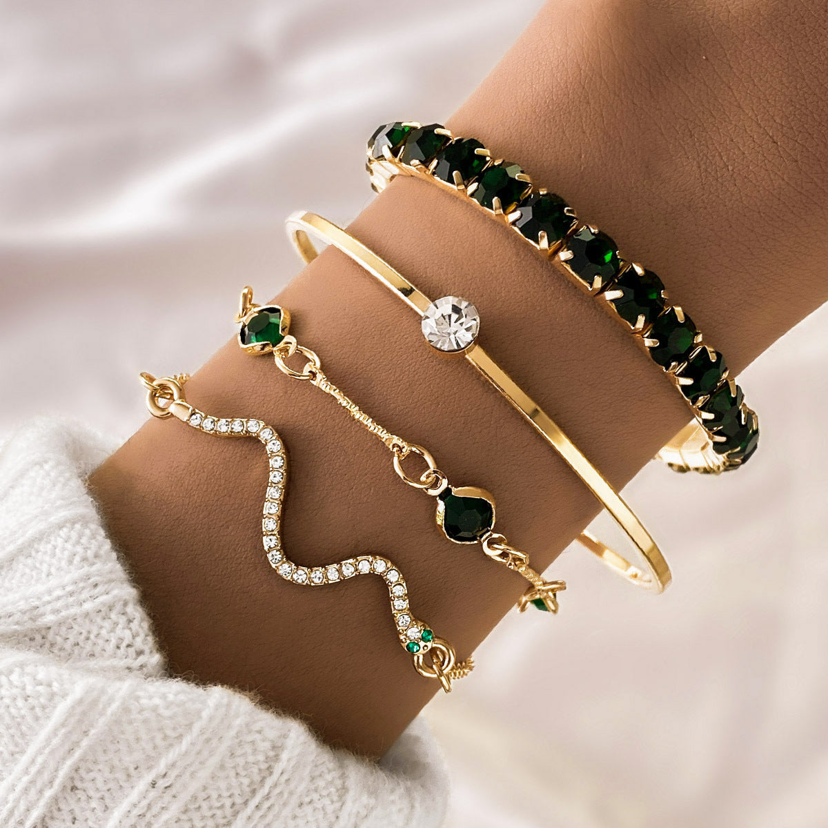 Green Diamond Stretch Bracelet Set – 4 Piece