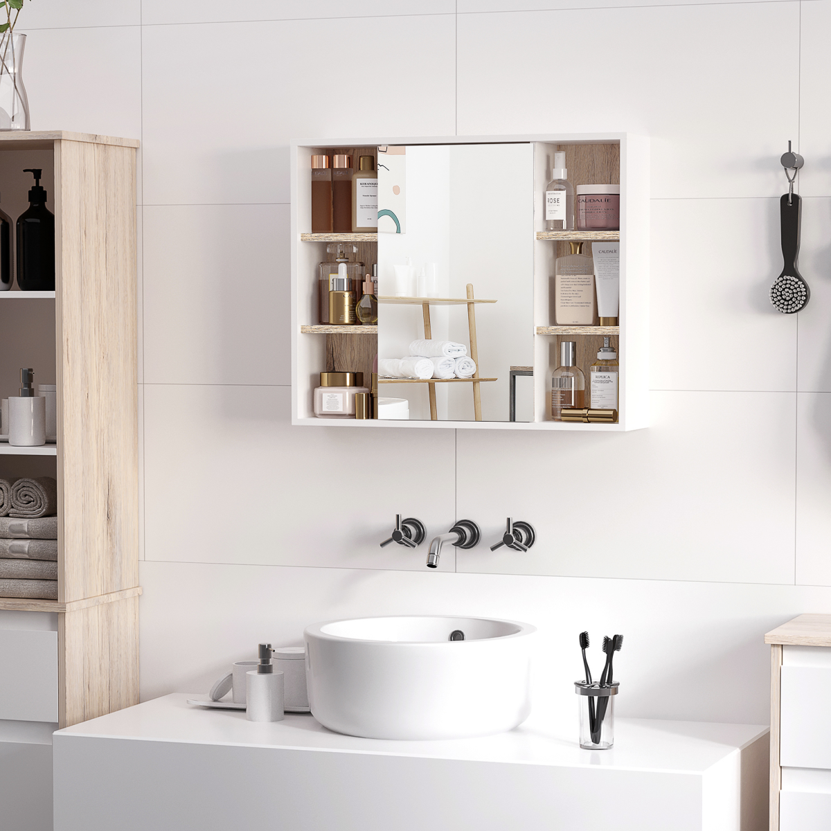 HOMCOM Wall Mounted Bathroom Storage Cabinet w/ Mirrored Door, Adjustable Shelf