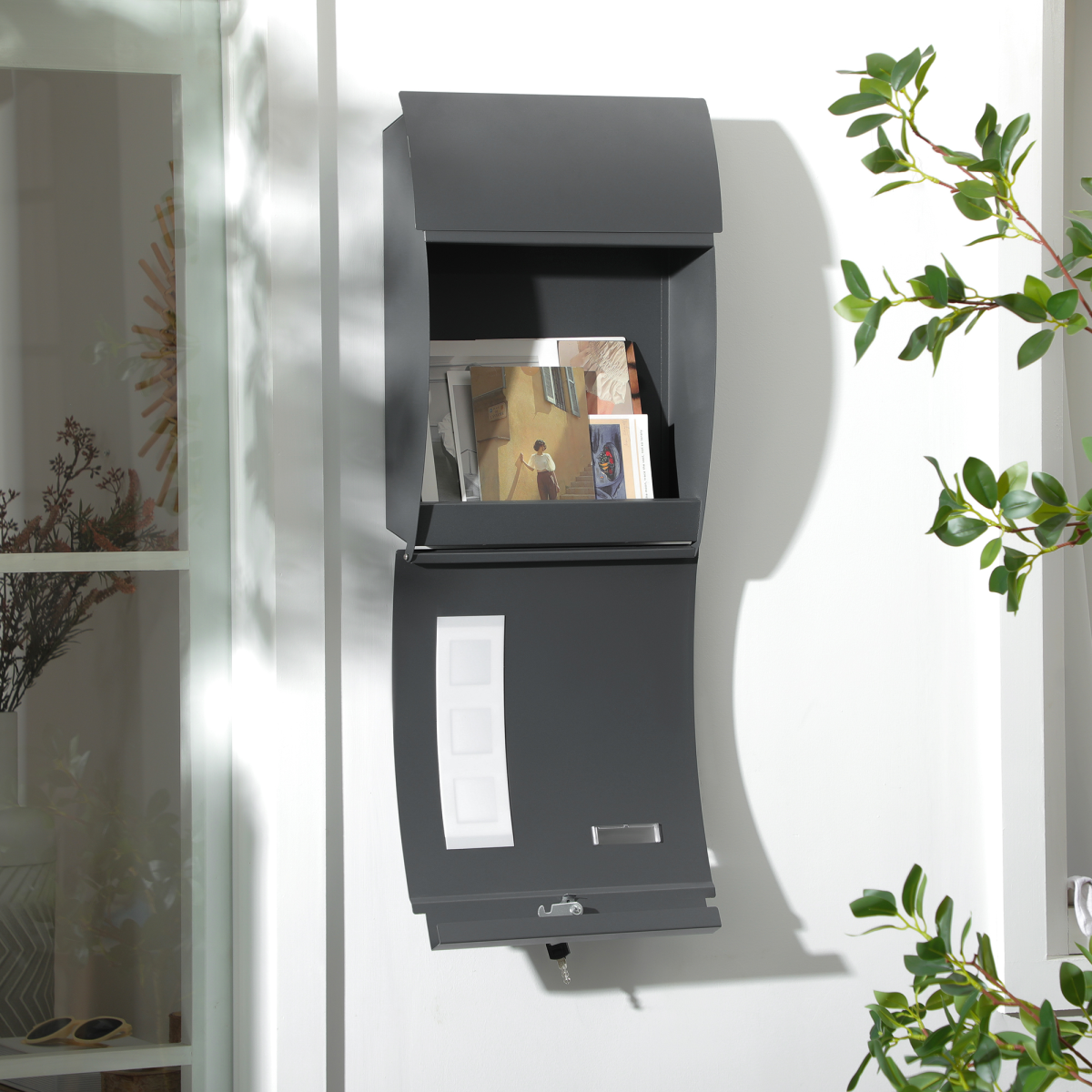 HOMCOM Weatherproof Wall Mounted Letter Box Post Box with Keys Anthracite Grey
