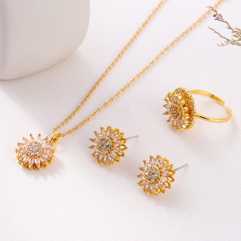 Rotatable Sunflower Stainless Steel Necklace, Earrings & Ring Set