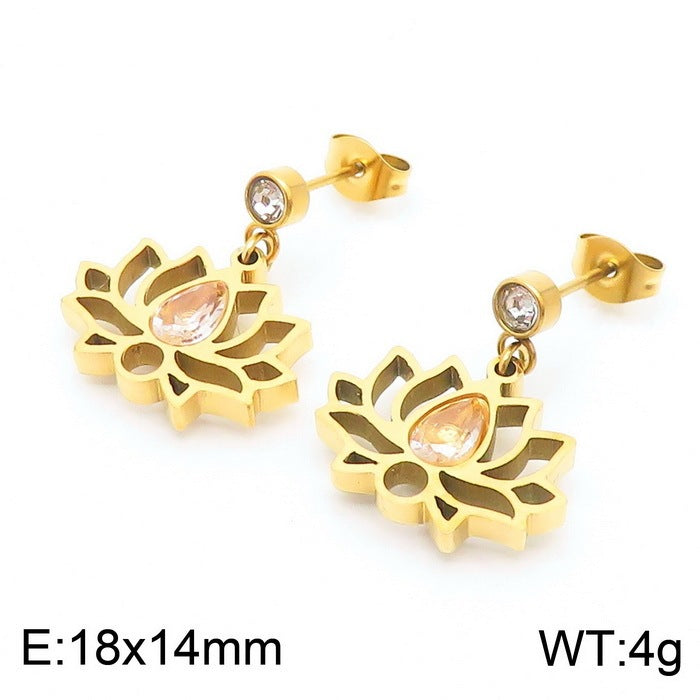 Minimalist Stainless Steel Zircon Lotus Jewellery Set