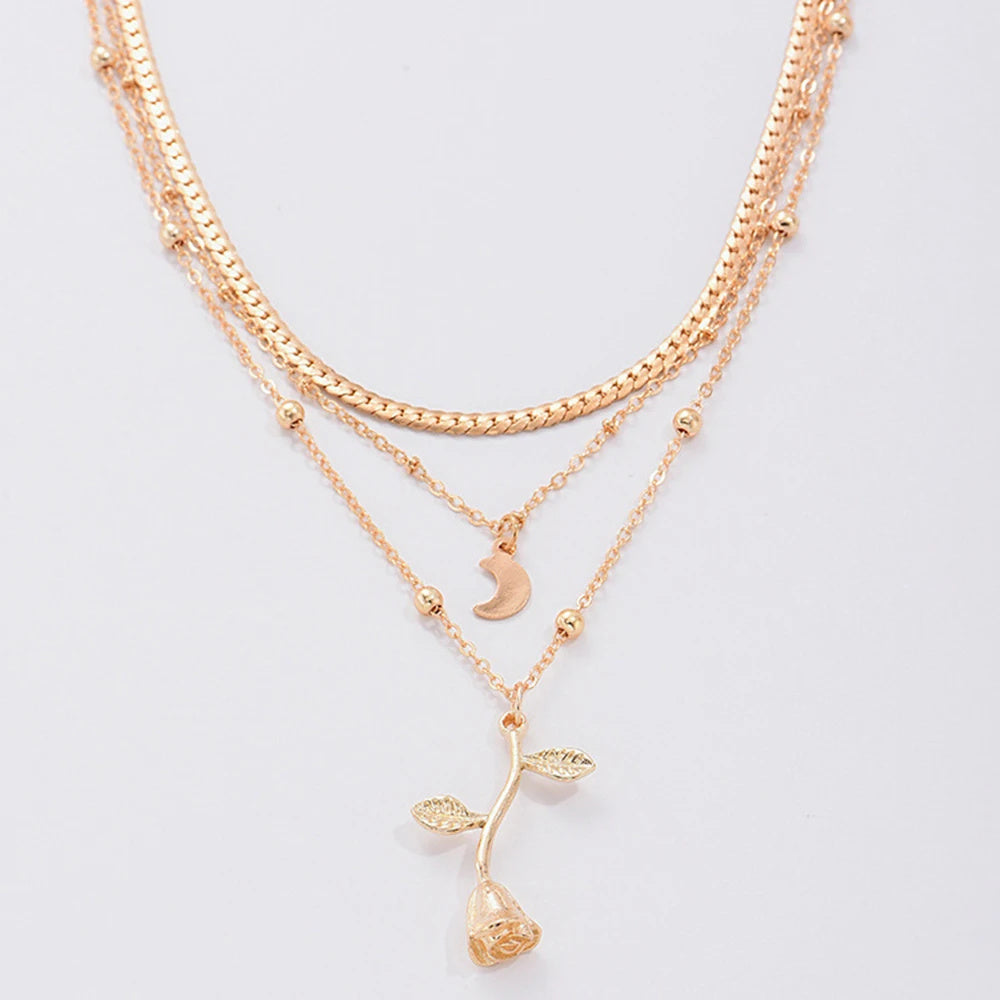 Multilayer Moon & Rose Flower Gold Pendant Necklace