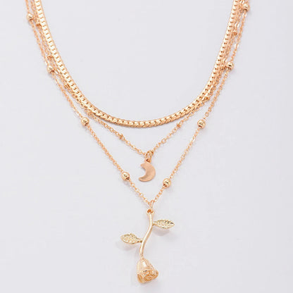 Multilayer Moon & Rose Flower Gold Pendant Necklace