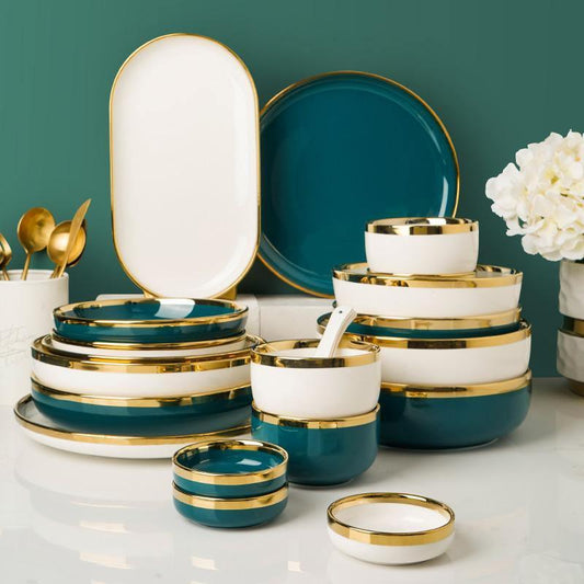 9 Piece Dinner Set, Green And Gold
