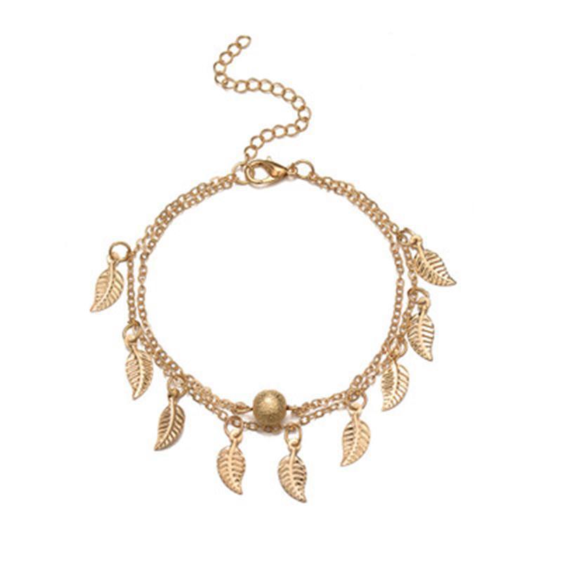 Round Beads, Small Leaves And Tassel Double-Layer Anklet