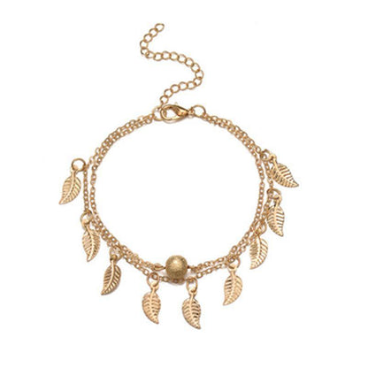 Round Beads, Small Leaves And Tassel Double-Layer Anklet
