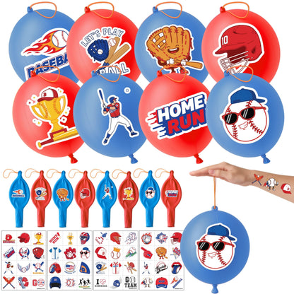 91BALLOONS 72 PCS Baseball Party Favors – 24 18-Inch Punch Balloons + 48 Pre-Cut Tattoos