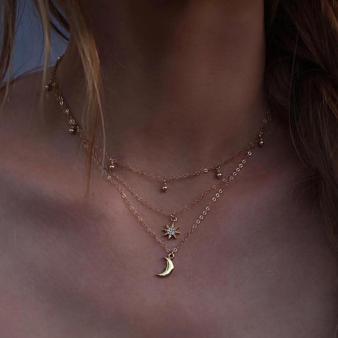 Round Beads Full of Stars and Moon Multi-Layer Necklace