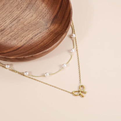 Pearl Double Layer Choker Necklace with Bow Pendant
