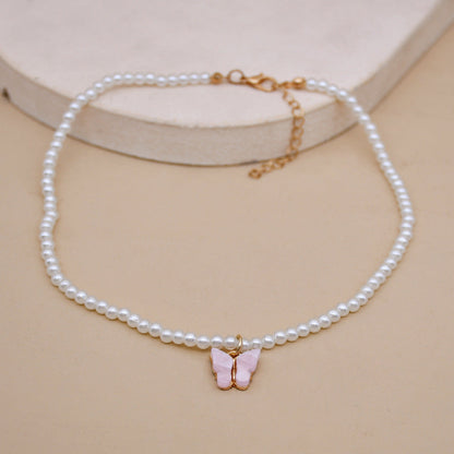 White Pearl Butterfly Choker Necklace