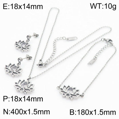 Minimalist Stainless Steel Zircon Lotus Jewellery Set