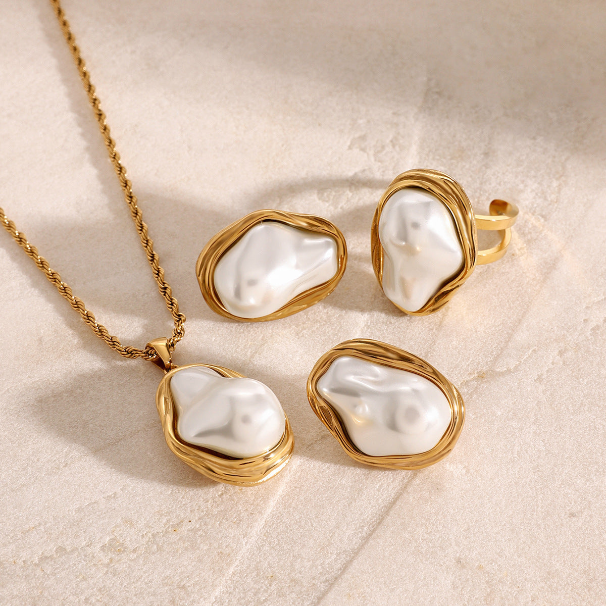 Pearl Necklace, Earrings & Ring Set