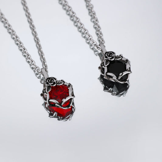 Black & Red Ruby Necklace with Flower Pendant