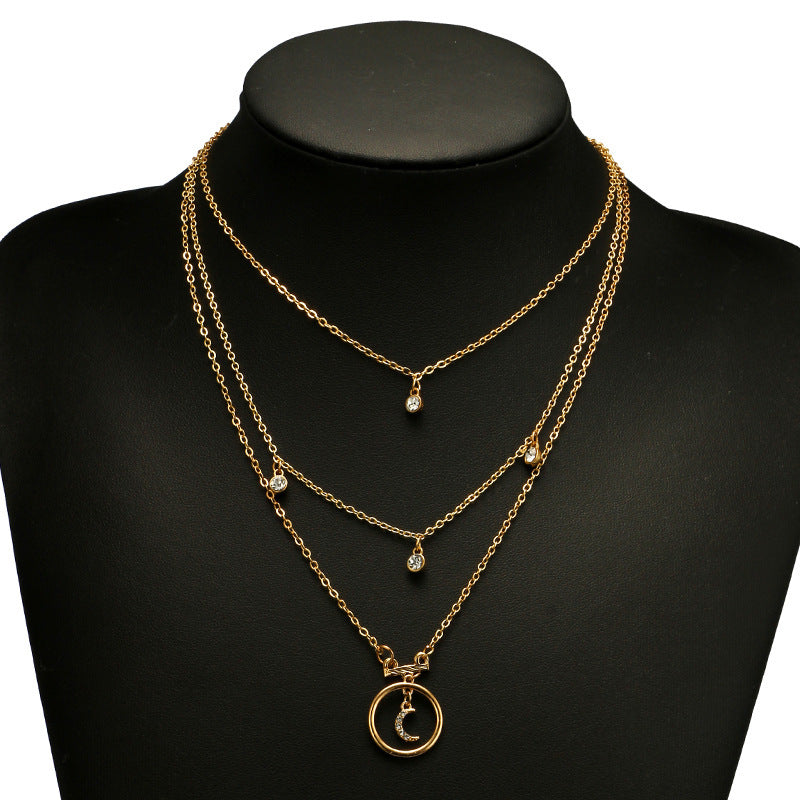 Multi-Layer Gold Moon Rhinestone Pendant Choker Necklace