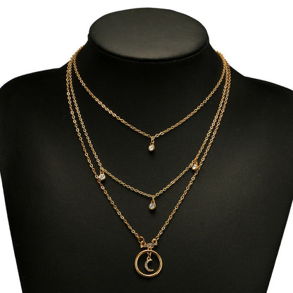 Multi-Layer Gold Moon Rhinestone Pendant Choker Necklace