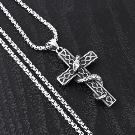 Gothic Snake Wrapped Cross Pendant Necklace
