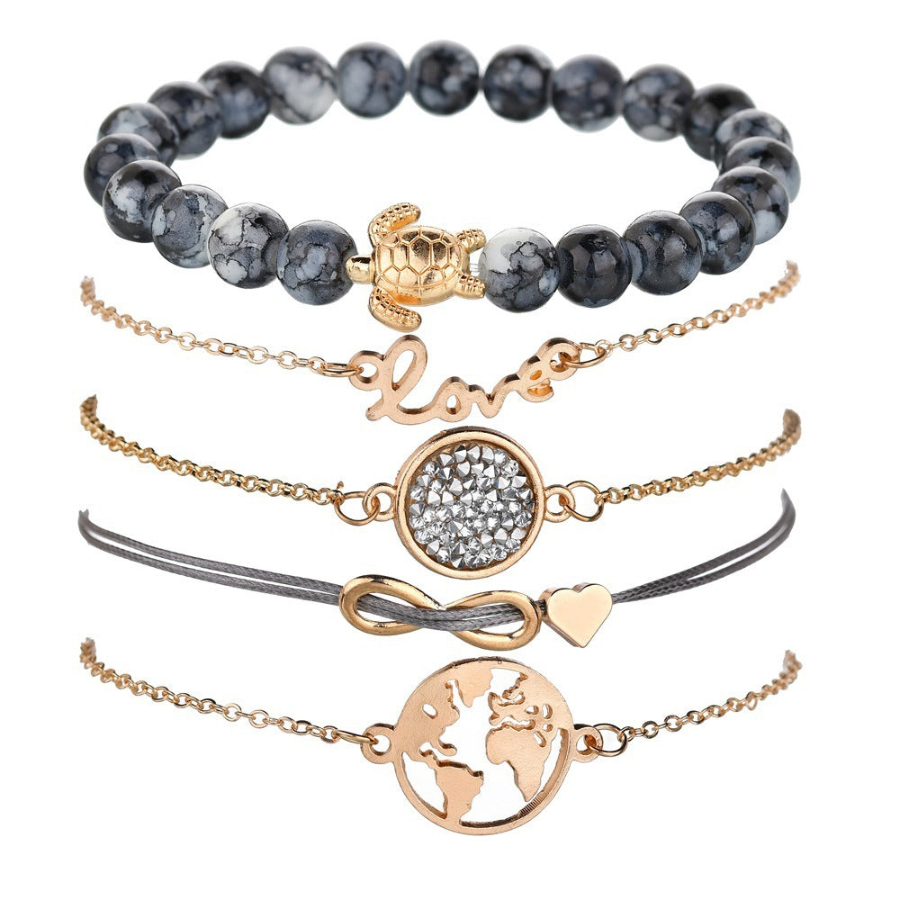Vintage Turtle Heart Map Charm Bracelets Set