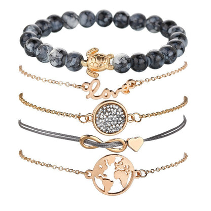 Vintage Turtle Heart Map Charm Bracelets Set