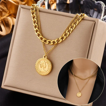 Geometric Portrait Coin Pendant Necklace