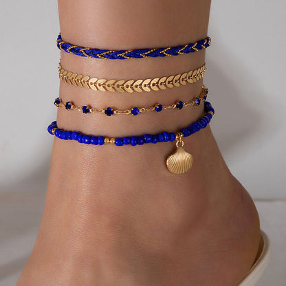 4pcs Set Bohemian Woven Rope Foot Chain For Men And Women Geometric Alloy Black Beads Dropping Oil Anklet Set Summer Fashion Jewellery