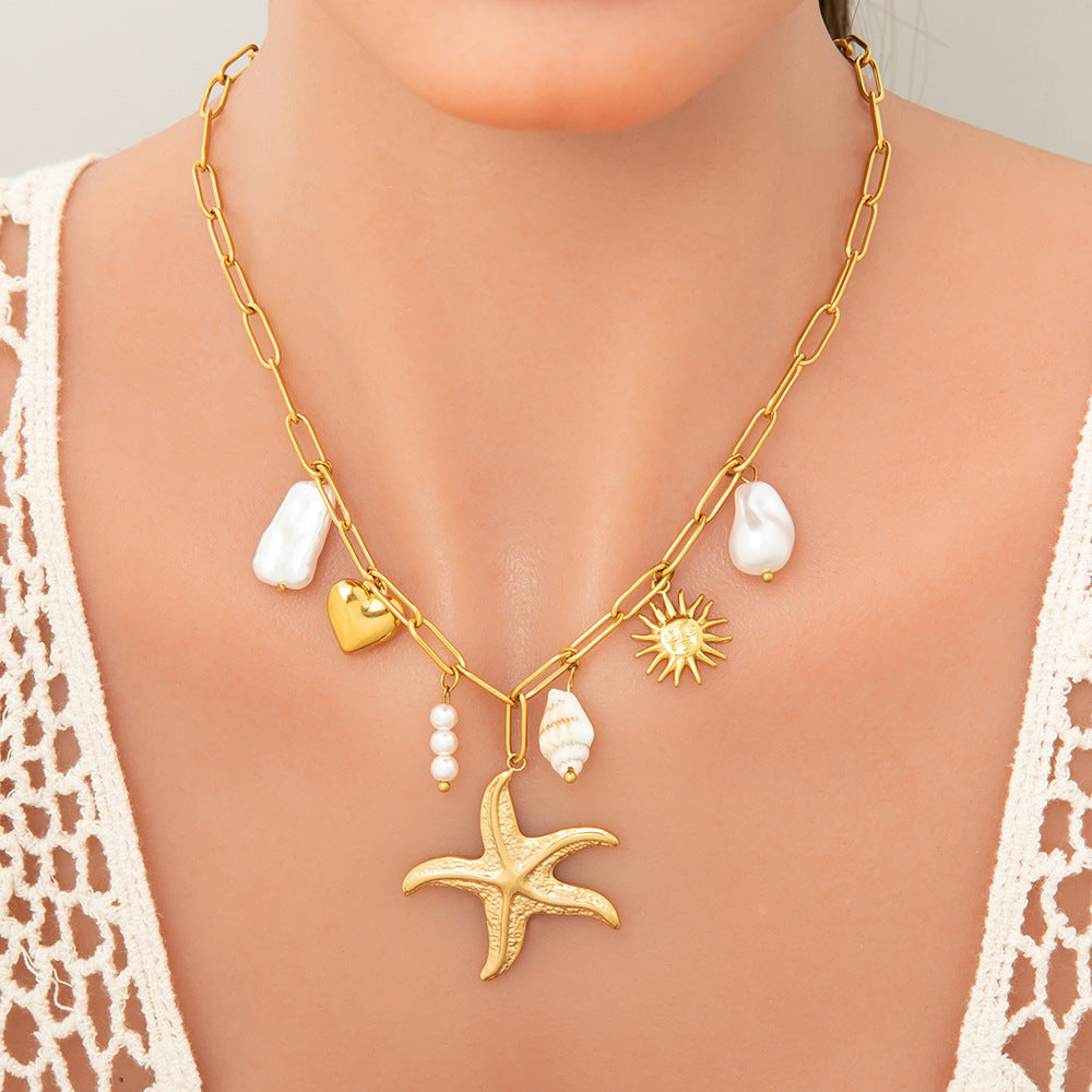 Stainless Steel Pearl Necklace with Pendants
