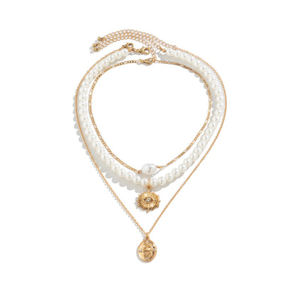 Multi-Layer Starfish Shell Pearl, Cross, Palm Tree Necklaces, 3Pc Set