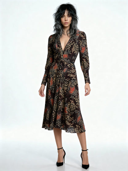 Gorgeous Virginie Autumnal Leaf Print 1970's Vintage Dress UK 8 - 12