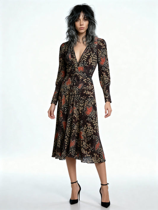 Gorgeous Virginie Autumnal Leaf Print 1970's Vintage Dress UK 8 - 12
