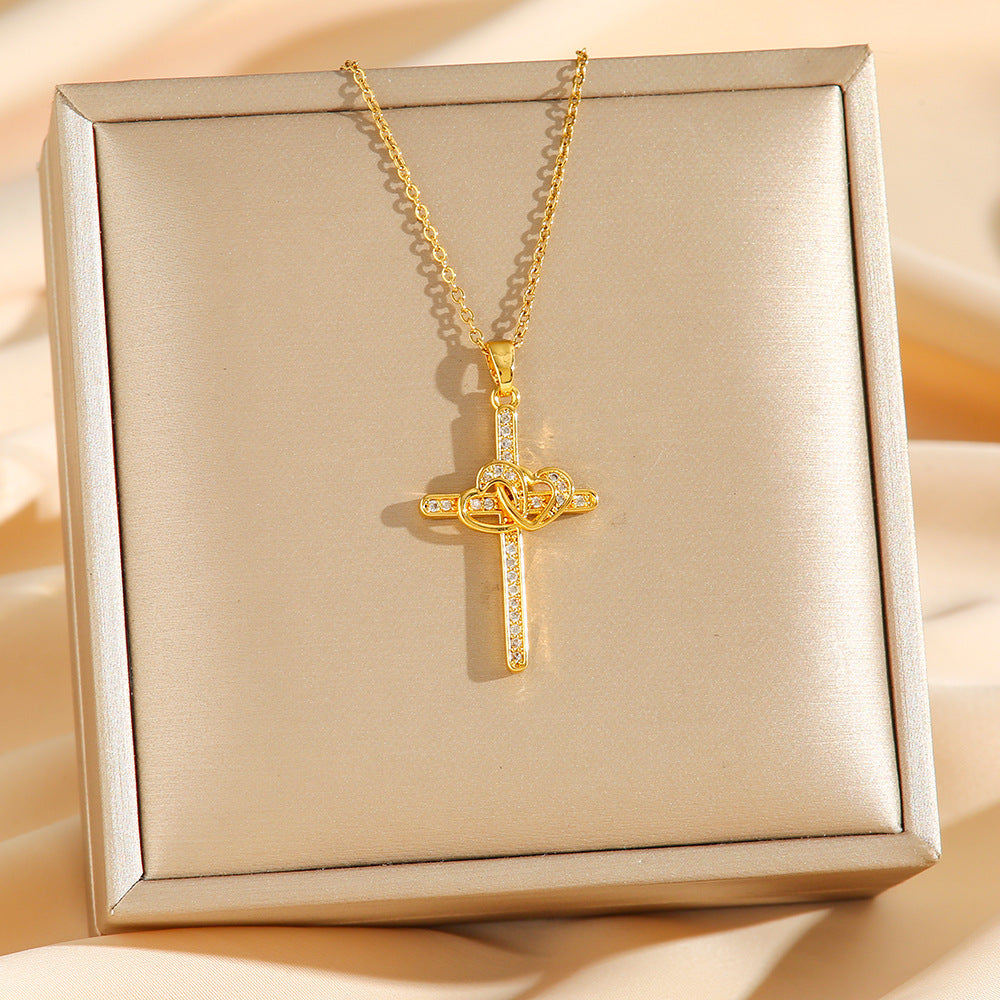 Cross Double Ring Love Heart Zircon Necklace