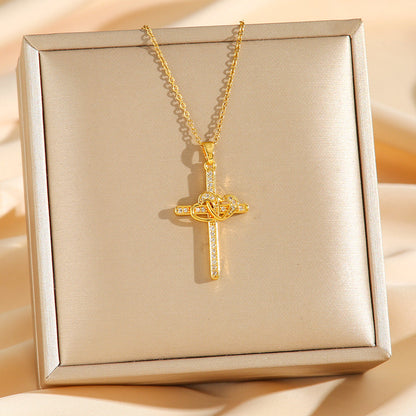 Cross Double Ring Love Heart Zircon Necklace
