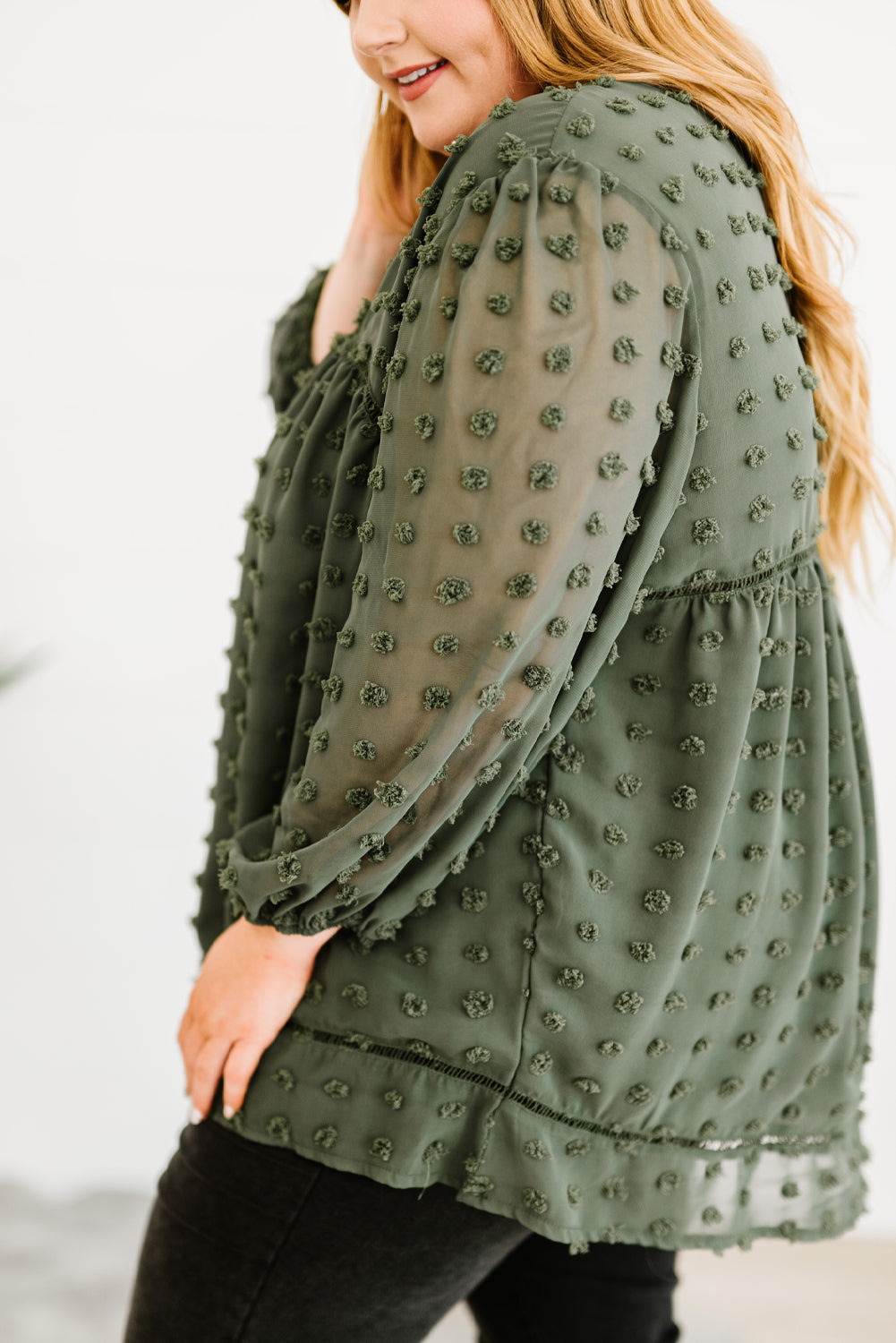 Green Boho V Neck Swiss Dot Bishop Sleeve Plus Size Blouse