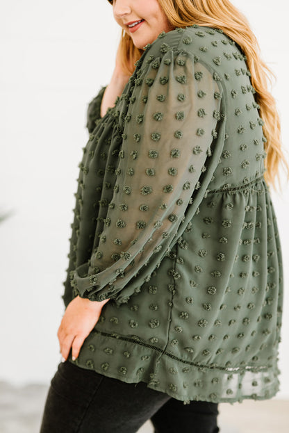 Green Boho V Neck Swiss Dot Bishop Sleeve Plus Size Blouse