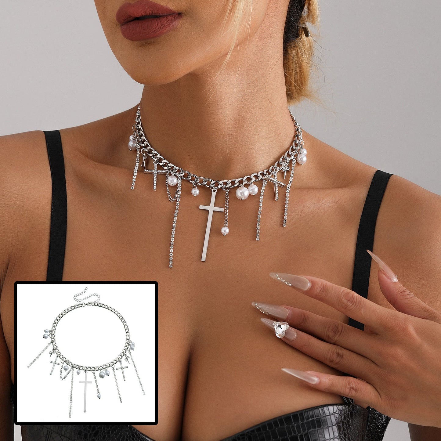 Cross Tassel Pearl Collarbone Chain Necklace
