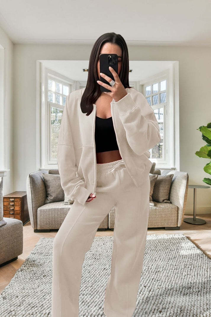 Women's Oversized Fleece Bomber Tracksuit  Zipper Jacket & Wide-Leg Pants Set