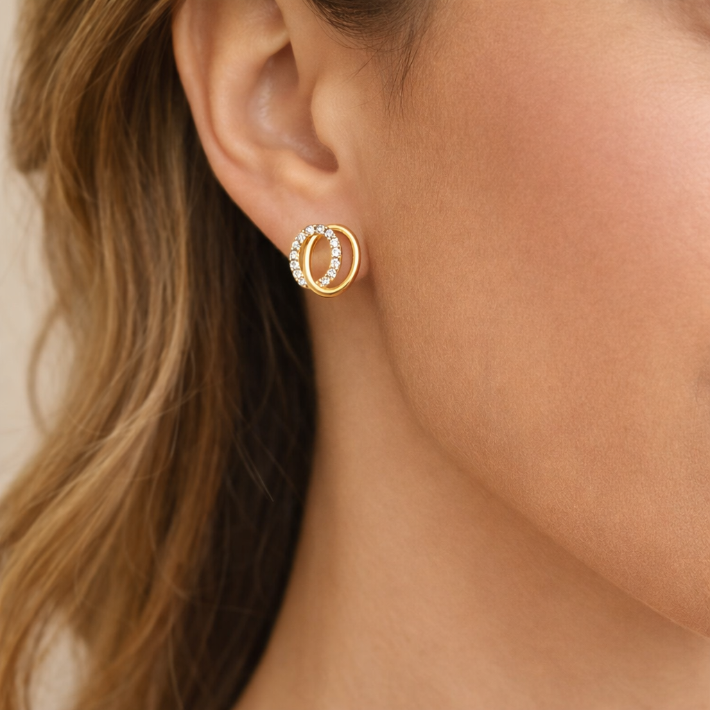 9ct Gold Double Oval CZ Stud Earrings