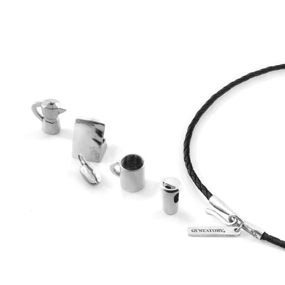 Midnight Black GUSTATORY Coffee Bag Silver and Braided Leather Bracelet