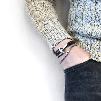 Coal Black Clipper Anchor Silver and Flat Leather Bracelet