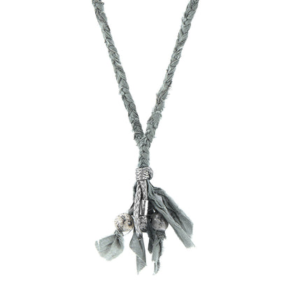 Grey Jasper Marcus Silver, Stone and Braided Cotton Voile SKINNY Necklace x Wrap Bracelet