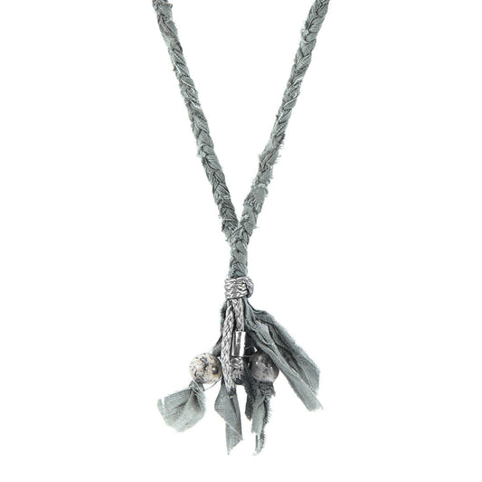 Grey Jasper Marcus Silver, Stone and Braided Cotton Voile SKINNY Necklace x Wrap Bracelet