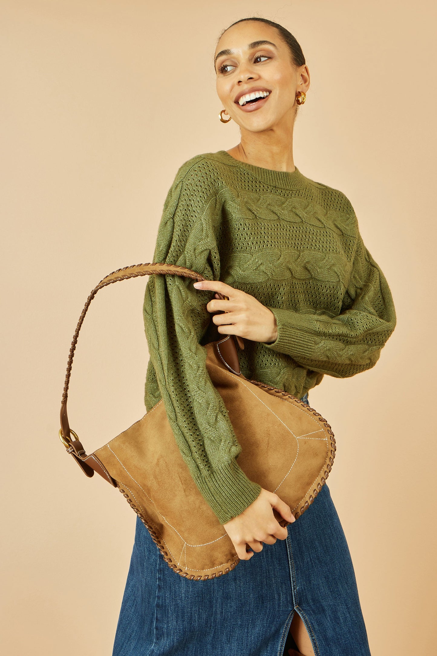 Yumi Tan Faux Suede Stitching Detail Bag