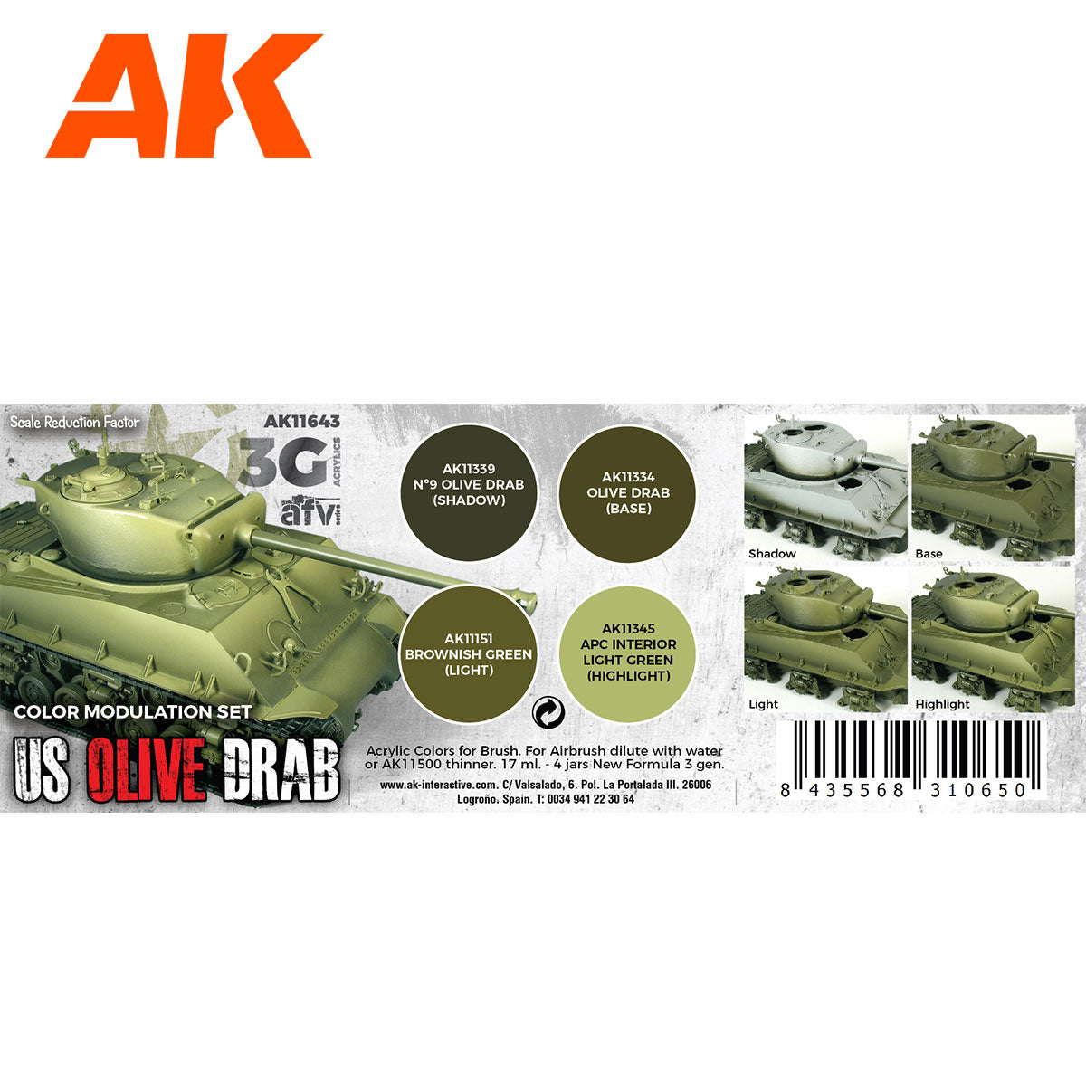 AK Interactive 3rd Gen AFV Paint Set - US Olive Drab Modulation Set AK11643