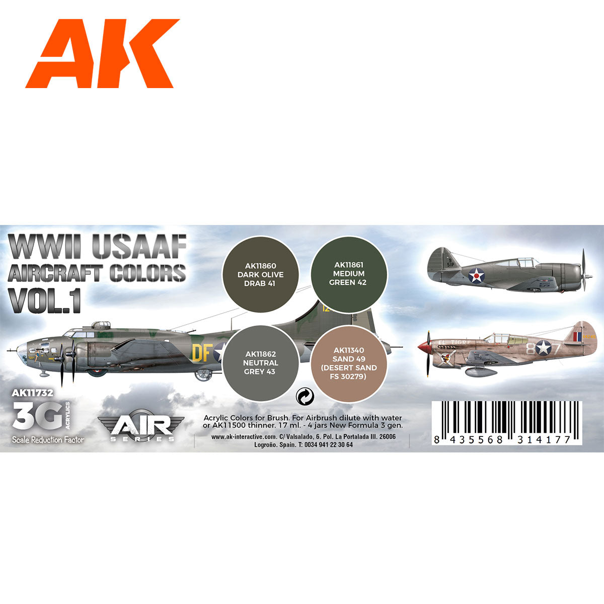 AK Interactive 3rd Gen Aircraft Paint Set - WWII USAAF Aircraft Colors Vol.1 Set