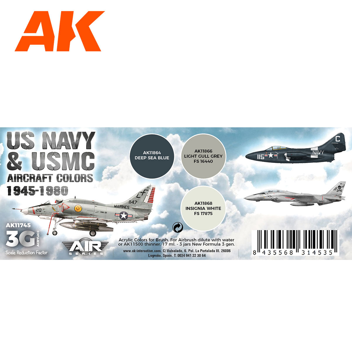 AK Interactive 3rd Gen Aircraft Paint Set - US Navy & USMC Aircraft Colors 1945-1980 Set