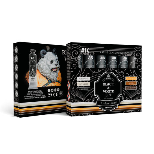 AK Interactive Dense Acrylic Black & White Set (6 tubes 20ml)
