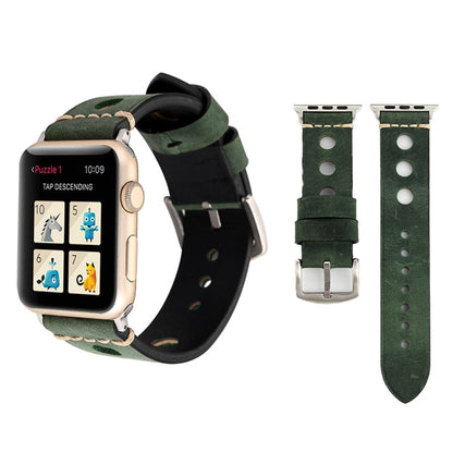 For Apple Watch Series 10 42mm / 9&8&7 41mm / SE 3&SE 2&6&SE&5&4 40mm / 3&2&1 38mm Retro Hole Genuine Leather Wrist Watch Band, For 38mm