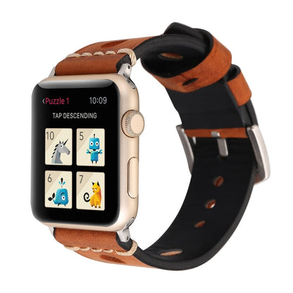 For Apple Watch Series 10 42mm / 9&8&7 41mm / SE 3&SE 2&6&SE&5&4 40mm / 3&2&1 38mm Retro Hole Genuine Leather Wrist Watch Band, For 38mm