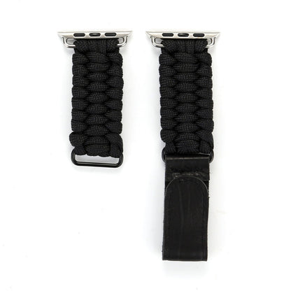 Magic Paste Genuine Leather Umbrella Rope Nylon Wrist Watch Band with and Stainless Steel Buckle for Apple Watch Series 10 42mm / 9&8&7 41mm / SE 3&SE 2&6&SE&5&4 40mm / 3&2&1 38mm, 7 41mm / 6&SE&5&4 40mm / 3&2&1 38mm
