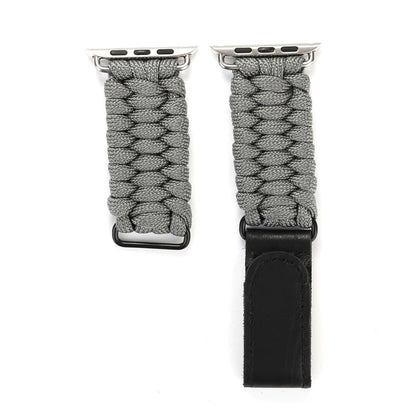 Magic Paste Genuine Leather Umbrella Rope Nylon Wrist Watch Band with Stainless Steel Buckle for Apple Watch Ultra 49mm&Watch Ultra 2 49mm / Series 10 46mm / 9&8&7 45mm / SE 3&SE 2&6&SE&5&4 44mm / 3&2&1 42mm, 7 45mm / 6&SE&5&4 44mm / 3&2&1 42mm